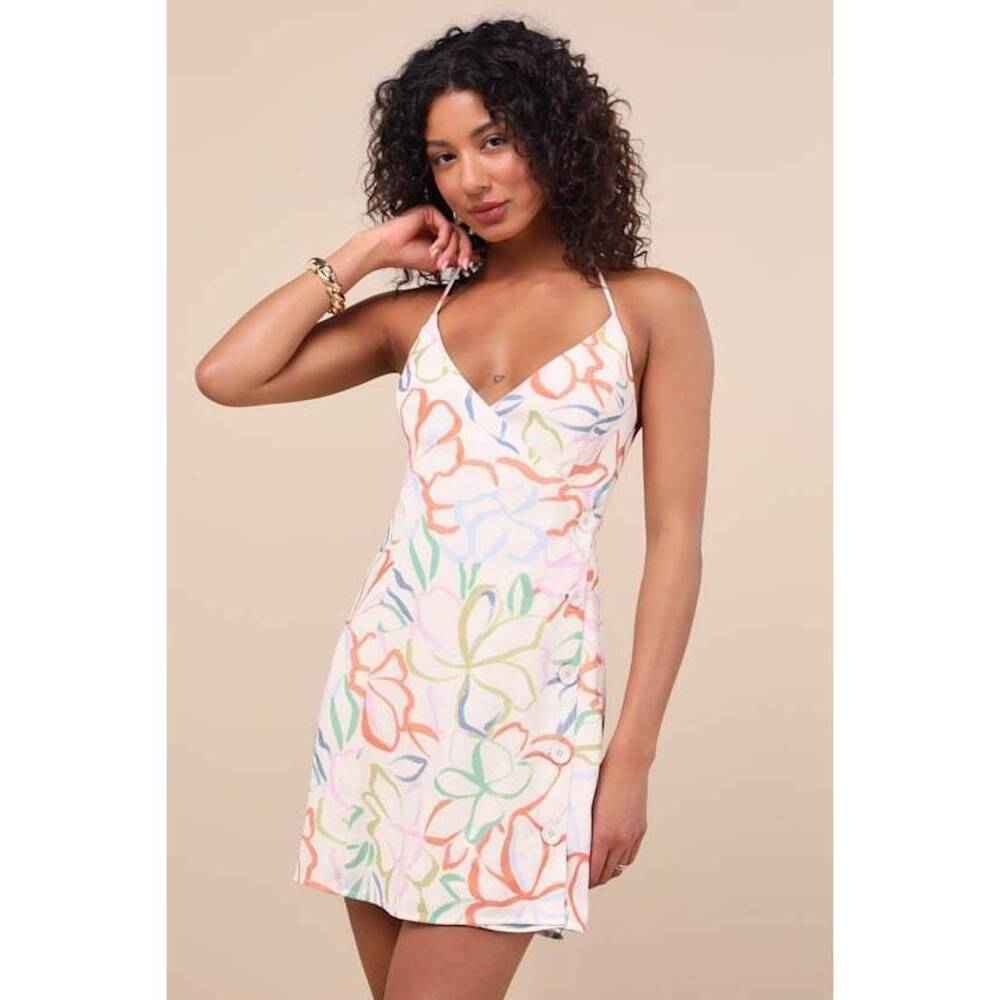 NWT Lulus Cloelia Ivory Abstract Floral Button-front Halter Mini Dress White